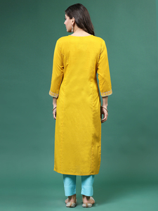 Ensemble Kurta Kurti Palazzo pour femmes, couleur moutarde, coton, col en V, manches longues, broderie, coupe évasée, dernière mode ethnique - Product Image 2