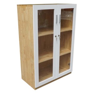 Modern 3-Tier Metal Storage Cabinet with Glass Doors and Lock 80x40x120cm Rubber Wood THS68015 Office Filing Cabinet - Product Image 1