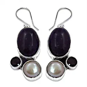 Boucles d'oreilles pendantes vintage pour femmes en argent 925 avec charoïte et perle, plaquées or 18 carats, pierre principale en diamant pour les mariages - Product Image 1