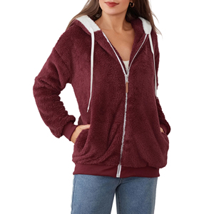 <b>Women's</b> Burgundy Zip up <b>Hoodie</b> Fuzzy Sherpa Plush Fleece Polyester Jacket with <b>White</b> Drawstrings Drop Shoulder 400g Winter - Product Image 5