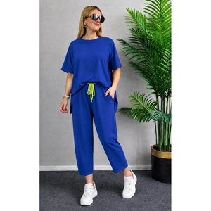 Conjunto de Dos Piezas para Mujer, Blusa de Manga Corta con Cuello Redondo de Viscosa de Dos Hilos y Pantalones, 37757 - Azul Saks - Product Image 2