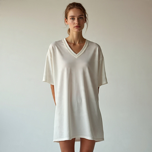 White Baggy V-Neck T Shirt Women Jogging Wear Summer Drop Shoulder 100% Cotton Polyester V Neck Tee Top Ladies - Product Image 6