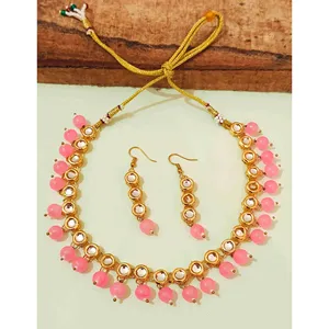 24K Gold Plated Luxury Stainless Steel Choker Necklace Set with <b>Pink</b> Stone-for Parties and Bridal/Fine Jewelry - Product Image 1