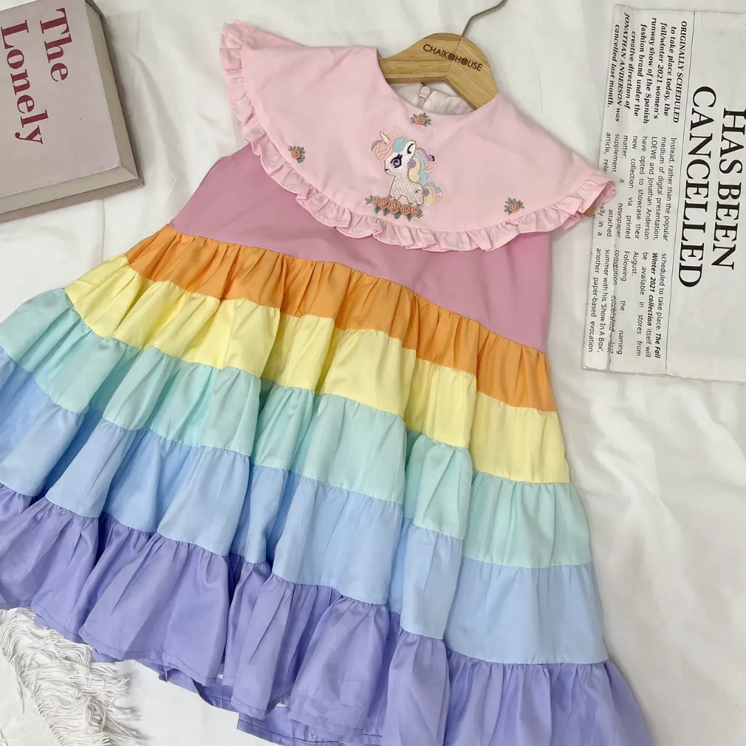 100% 면 유니콘 자수 꽃 아기 소녀 원피스 다채로운 유니콘 스타일 여름 어린이 새로운 디자인 믹스 색상