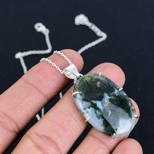 Colgante fino chapado en oro de Plata de Ley 925 con cabujón ovalado de ágata de musgo de bosque, collar para mujer, sin níquel y sin plomo - Product Image 3