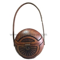 Tas Bulat Kayu Ukiran dengan Pegangan Kayu Desain Unik Tas Vintage Bulat Mewah untuk Aksesoris Wanita Tas Tangan