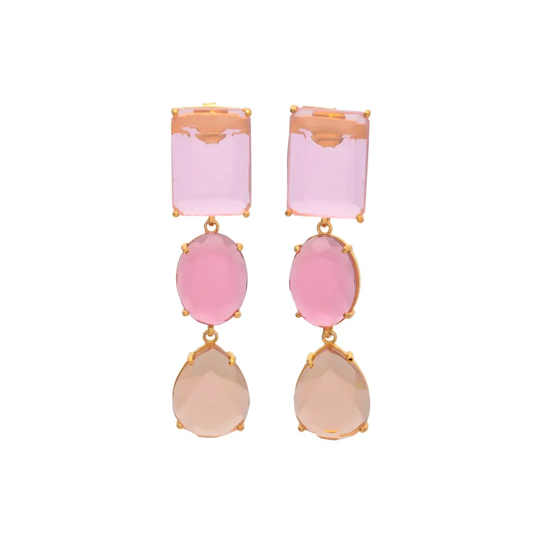 Roze Quartz, Licht Roze Toermalijn En Champagne Hydro Multicolor 925 Sterling Zilveren Oorbel