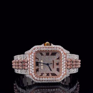 Reloj de pulsera de acero inoxidable único helado de dos tonos personalizado para hombre con esfera analógica cuadrada reloj de diamantes Moissanite con números romanos - Product Image 4