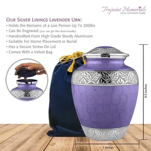 Urna de cremación grande con forro plateado para cenizas humanas Recuerdo de metal Urna funeraria conmemorativa Venta de exportación - Product Image 3