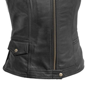 Venta caliente Chaleco de cuero genuino para mujer etiqueta privada personalizada diseño único a prueba de viento cierre de cremallera Color sólido de punto alto - Product Image 5