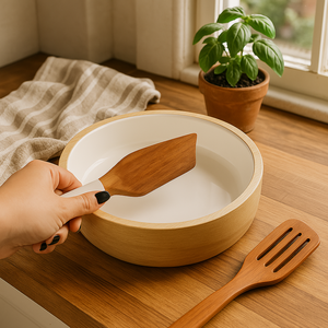 Ensaladera redonda de madera para cocina casera con 2 espátulas Mango de madera con esmalte para mezclar frutas y verduras ensaladera - Product Image 3