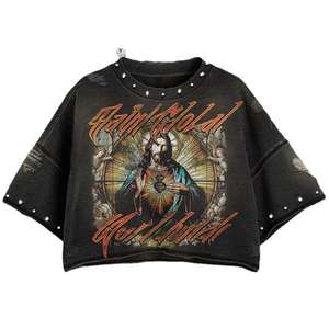 T-shirt court ample et déchiré pour homme, style streetwear, avec strass vintage, anti-boulochage, audacieux et stylé - Product Image 5