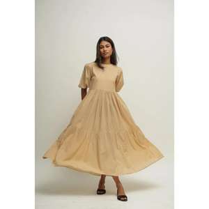 Robe longue maxi à volants beige unie pour femme, manches courtes, coupe ample, décontractée, été, écologique, lavable - Product Image 2