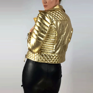 HOT! New Women's Black Zipper Gold Leather Breathable High Quality Motorcycle Biker Slim Fit <b>Jacket</b> - Product Image 2