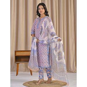 Conjunto de Kurta y Pantalón de Algodón Estampado a Mano con Diseño de Duraznos, Estilo Casual de Verano, Tela Chifón - Product Image 5