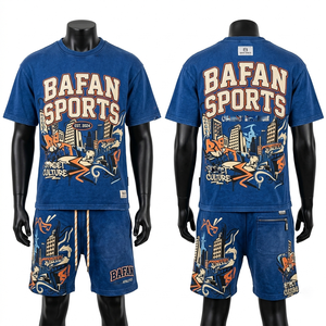 ชุดเสื้อยืดและกางเกงขาสั้นผู้ชาย ผ้าฝ้ายหนา 230 GSM สีน้ำเงินวินเทจ พิมพ์ลายกราฟิก ออกแบบโลโก้สกรีนเอง ชุด 2 ชิ้นสำหรับผู้ชาย - Product Image 1