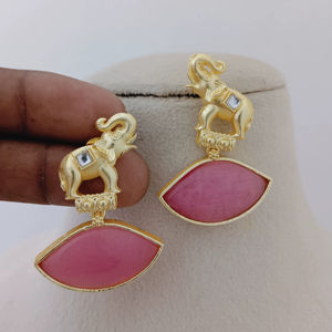Gajamukta Regal Boucles d'oreilles pendantes Set Gold-Tone Elephant Motif Geometry Heavy Brass Imitation Rhodium Plated Pink Customize Design - Product Image 1
