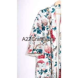 New Arrival Women's Luxury Vintage Short <b>Kimono</b> <b>Robe</b> 100% Cotton Patchwork Floral Pattern V-Neck Three-Quarter Sleeve Drawstring - Product Image 3