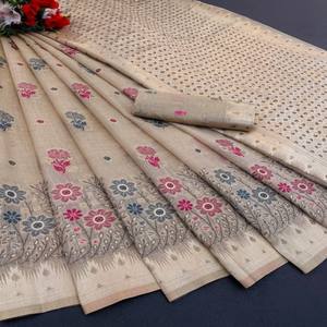 Sari de Algodón Hilado VASTRA COTTAGE con Tejidos Florales de Zari, Borde de Zari en Contraste, Pallu Rico, Combinado con Blusa de Brocado Butti - Product Image 3