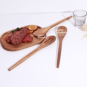 Ensemble de 3 cuillères de service en bois d'acacia artisanal, écologiques, lavables au lave-vaisselle, pour la cuisine, le mélange et le service de salades - Product Image 4