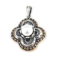 Pendentif trèfle vintage Constantine en argent sterling 925 et bronze avec perle d'eau douce |   Bijoux turcs faits à la main