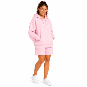 Winter Custom Women French Terry Hoodie Shorts <b>Set</b> Eco-Friendly 100% Cotton Solid Regular Fit Drawstring Pocket Sport Gym - Product Image 3