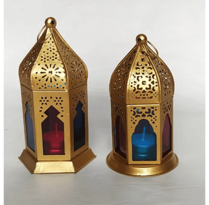 โคมไฟลวดลายแบบแขวนสไตล์โมร็อกโกพร้อมเชิงเทียนโลหะสีทองโบราณสำหรับตกแต่งบ้านสไตล์โบโฮรอมฎอน - Product Image 3