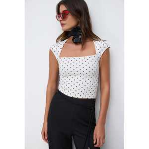 Top Corto Vintage con Estampado de Lunares, Estilo Retro Casual, Tejido de Gasa, Cuello Cuadrado con Decoración de Encaje, Corte Ajustado para Primavera - Product Image 4