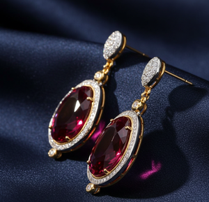 Pendientes Colgantes Ovalados de Granate con Circonita Cúbica de 15×23 mm |   Pendientes de Plata de Ley 925 con Baño de Oro de 18K para Novia y Fiesta para Mujer - Product Image 4