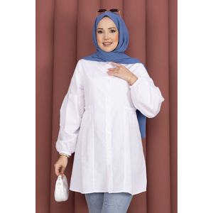Camisa Túnica Informal Blanca de Popelina con Cuello con Volantes y Detalle de Cintura Fruncida, Corte Holgado para Mujer, Tallas XS-XL, para Primavera y Otoño - Product Image 2
