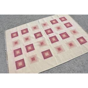 Tapis vintage 4,4 x 6,1 pieds, tapis turc en laine blanc et rose à pois - Product Image 2