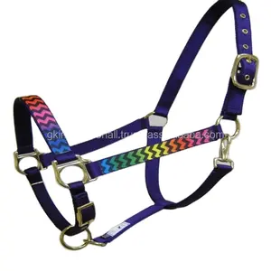 Licol de cheval en nylon coloré, 2 m, avec ruban imprimé, cousu sur le nez et la couronne ajustables, matériel plaqué laiton, importé - Product Image 1