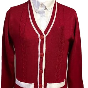 เสื้อคาร์ดิแกนถักไหมพรมสีแดงขาวลายเคเบิ้ล คอวี แขนยาว สำหรับสตรีชมรมมหาวิทยาลัย ผลิตตามสั่ง ขายส่ง แบบ OEM ลายทาง - Product Image 2