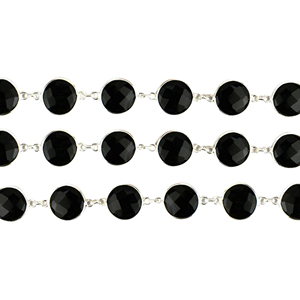 Connecteur en argent sterling 925 avec pierre précieuse onyx noir rond sertie en clos et chaînes - Product Image 1