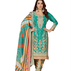 Último diseñador Chinon seda mano espejo trabajo bordado trabajo Salwar traje por Fab Zone - Product Image 1