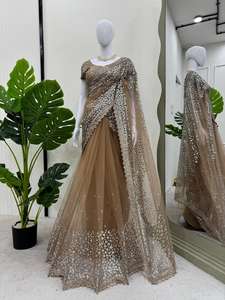 Sari en soie de luxe avec filet, broderie lourde de sequins, sans plis, séchage rapide, réversible, avec chemisier intérieur, collection pour mariage et fêtes - Product Image 3