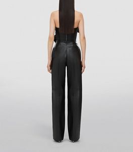 Pantalon en cuir ajusté ample personnalisé unisexe Design de mode taille moyenne couleur noire unie coupe droite pour les femmes pour l'hiver - Product Image 4