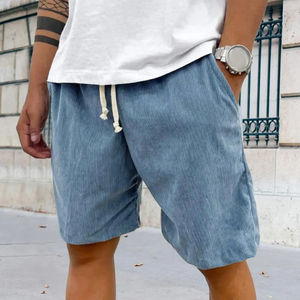 Pantalones cortos de pana retro de color sólido para hombre con cintura con cordón para una comodidad ajustable, perfectos para el trabajo, vacaciones en la playa - Product Image 6