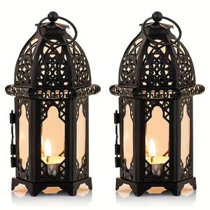 <b>Black</b> Metal Moroccan Candle <b>Lantern</b> Set of Two with Intricate Cutwork Warm Ambient Glow Elegant Tabletop Decor - Product Image 1