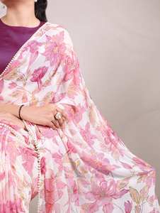 Style traditionnel Marbal Imprimé Floral Léger Saree Moonga Chemisier En Soie Perle Dentelle Bordure pour Fête Réception Fonction Indien - Product Image 2