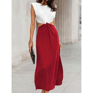Abito Lungo da Donna in Crepe Scintillante Bicolore con Spalle Alte, Collo Rotondo, Lati Aperti e Imbottiture, 37987 - <span class=keywords><strong>Rosso</strong></span> - Product Image 2