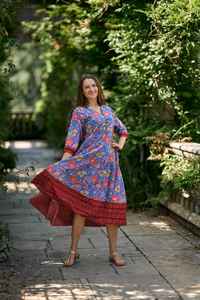 Hand Block Printed Radha Dress Bohemian Calf Length Ikat Floral Casual Occasional Pure Cotton Handmade Ethical Fashion Panelled - Product Image 3