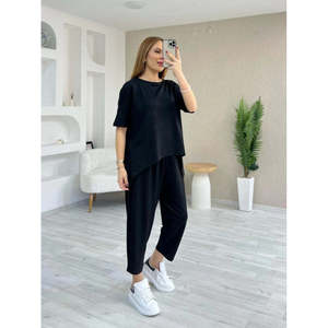 Conjunto de Dos Piezas para Mujer, Blusa de Manga Corta con Cuello Redondo de Viscosa de Dos Hilos y Pantalones, 34663 - Negro - Product Image 2