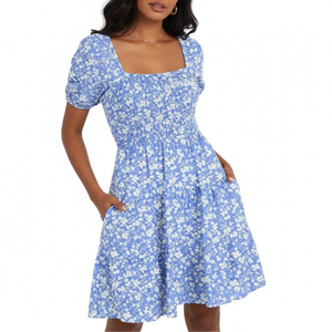 Robes mi-longues décontractées d'été pour femmes Unity Luxure, style bohème, col carré, manches bouffantes, imprimé floral - Product Image 3