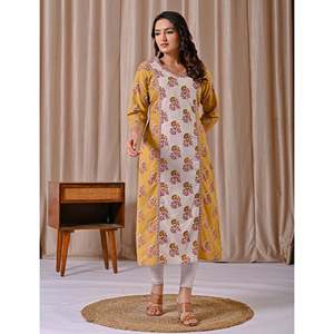 Kurti Amarillo de Algodón con Estampado Butta Block, Corte Recto, Ropa Regional - Product Image 5