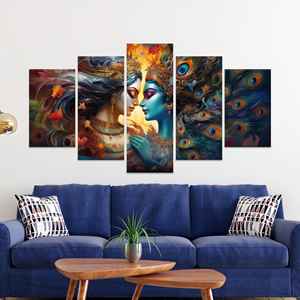 งานศิลปะพระพุทธเจ้ากฤษณะและพระแม่รัฐาสุดหรู: ภาพพิมพ์บนผ้าใบสำหรับตกแต่งผนังสไตล์โบโฮ ชุดผ้าใบ 5 ชิ้นแบบคละลาย - Product Image 1