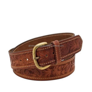 Ceinture occidentale en cuir imitation bois, nouveau design floral sculpté à la main, avec boucle en laiton durable et robuste - Product Image 2