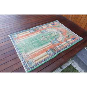 Tapis turc vintage, petit tapis de 3x4,3 pieds, tapis à motifs floraux orange et vert - Product Image 2