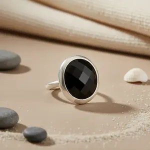 "Fine Rhodium-Plated 925 Silver <b>Ring</b> with 10mm <b>Black</b> <b>Onyx</b> Stone for Women" - Product Image 1