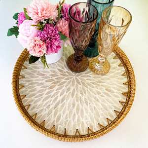 NOUVEAU PRODUIT! Tienphong fait à la main motif blanc rond fait à la main en rotin et nacre plateau de service Table basse plateau à thé - Product Image 6